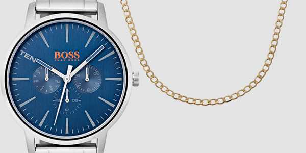 A split image of a blue and silver men's watch and a gold men's chain.